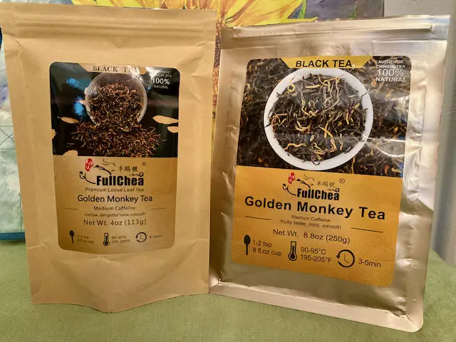 Packets of golden monkey tea, one of the best black teas.